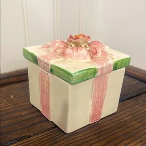 Vintage Ceramic Gift Box Trinket Box with Pink and Green Ribbon